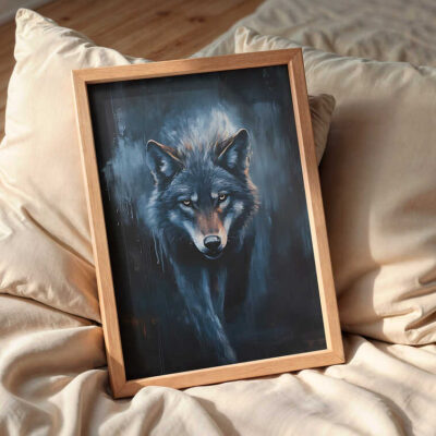 black-wolf-art-frame-on-the-bed