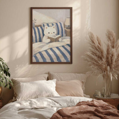 Cat Reading in Bed Wall Art