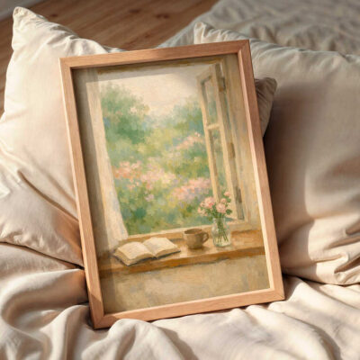 cottagecore-open-window-wall-art-frame-on-the-bed