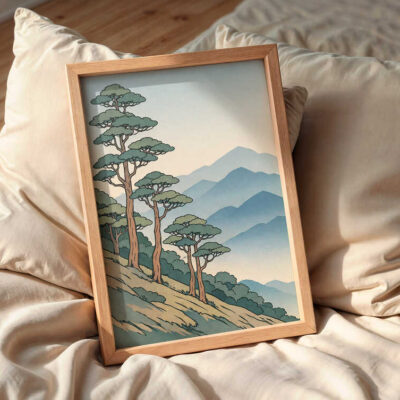 japanese-inspired-landscape-wall-art-frame-on-the-bed