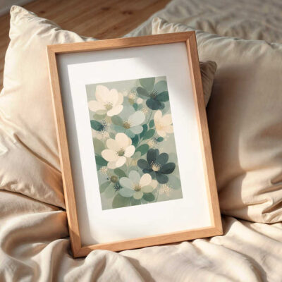 minimalist-sage-green-floral-wall-art-frame-on-the-bed