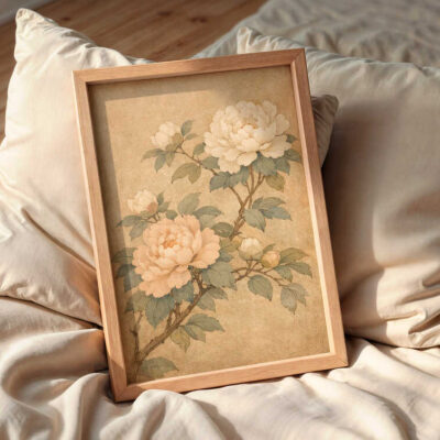 vintage-botanical-painting-frame-on-the-bed