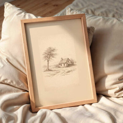 vintage-minimalist-landscape-sketch-art-frame-on-the-bed
