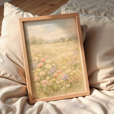 vintage-wildflower-field-wall-art-frame-on-the-bed